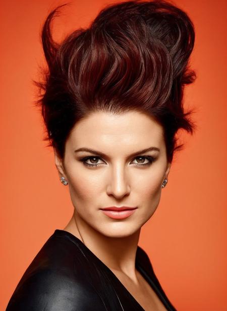 portrait of sks woman by Flora Borsi, style by Flora Borsi, bold, bright colours, orange Mohawk haircut, ((Flora Borsi)), <lora:lora_gina_carano_320:1.4>