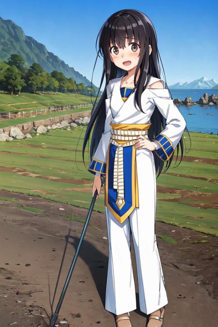 <lora:viki_suikoden:0.88>,  viki suikoden, 1girl, solo, long hair, brown hair, ((masterpiece)), (best quality), 1girl, alone, bridge, grass, focused, close angle, grabbing, blush, worried, detailed, anime, brown eyes, hand on hip, cowboy shot, shoes, short,long sleeve, black hair, flats, holding, :d, ribbon,chinese clothes, bangs, footwear, colorful, full body, standing, cliff, mountain, ocean,  looking to viewer, stone castle middle ocean, white dress, white clothes, blue, bottomless,