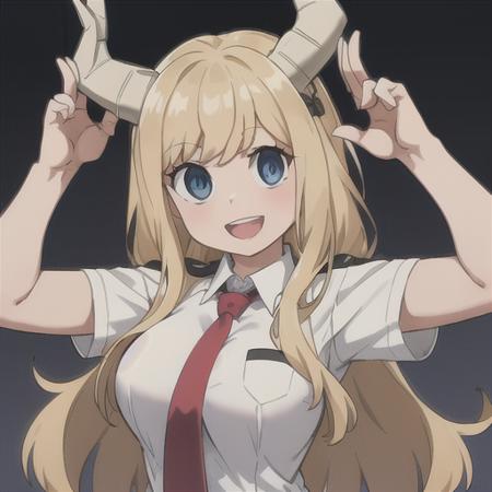 pony tsunotori, 1girl, solo, long hair, breasts, looking at viewer, smile, open mouth, blue eyes, blonde hair, shirt, school uniform, white shirt, upper body, short sleeves, :d, necktie, horns, collared shirt, black eyes, parody, own hands together, red necktie, style parody, u.a. school uniform   <lora:PonyTsunotoriLoRA-10:0.6>