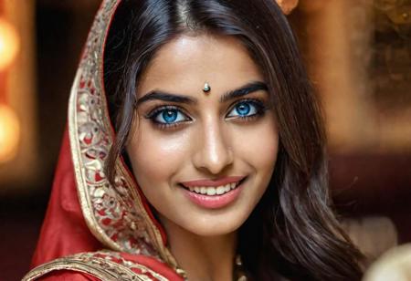 fair muslim girl wearing a red silk saree, loose hair,  folder hands under the breast, thin jaw, small nose, black eyes, sitting in a Dubai restaurant, small Blue eyes, smiling slightly
closeup portrait photo of beautiful 26 y.o woman, makeup, 8k uhd, high quality, dramatic, cinematic