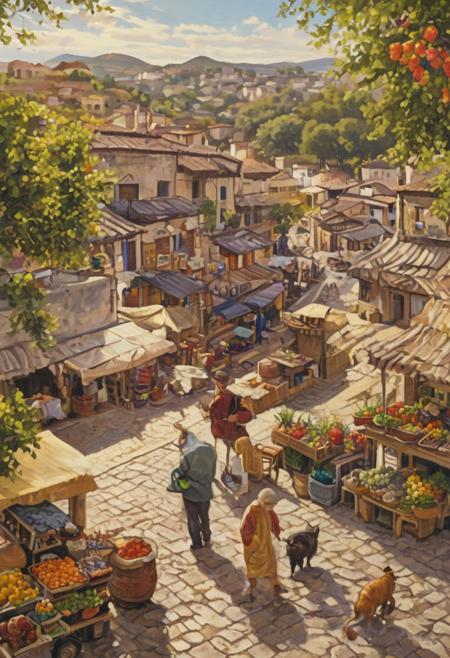 Create a mesmerizing digital painting that captures the vibrant spirit of a bustling market in a sun-drenched Mediterranean village. The scene is alive with colorful stalls overflowing with fresh produce, fragrant herbs, and handcrafted goods, each vendor showcasing their unique wares. Cobblestone streets wind through the village, lined with charming stone buildings adorned with blooming bougainvillea and hanging lanterns. In the foreground, a group of locals engages in lively conversation, their laughter mingling with the sounds of distant music. A playful cat weaves through the crowd, adding a touch of whimsy to the atmosphere. The warm golden light of the afternoon sun bathes the scene, casting soft shadows and enhancing the rich colors of the market. This illustration should evoke a sense of community and joy, inviting viewers to immerse themselves in the vibrant culture and charm of the Mediterranean lifestyle. Aim for a piece that could enchant audiences on platforms like Instagram and be celebrated for its lively and inviting beauty
