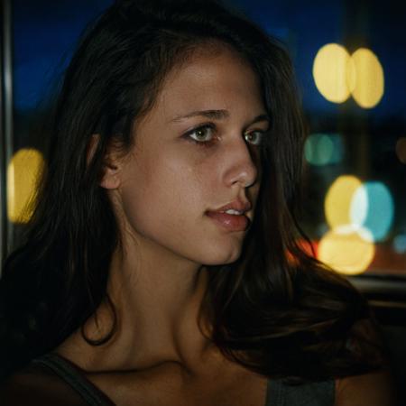 candid close-up photo of T1T0N, no makeup, looking outside the window, at night, blurred city lights, dark room, pensive expression, Shot on Kodachrome film