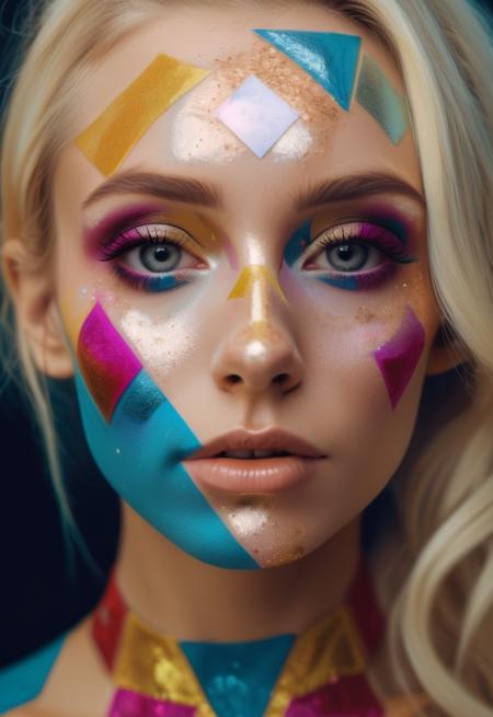 portrait photo of an 20 years old european blonde haired woman (face makeup painting with colored geometric shapes and glitter), enjoying live, stoic cinematic 4k epic detailed photograph, shot on kodak
 <lora:artmakeup_bit_winks_v3:0.8>