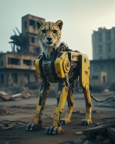A cybernetic Cheetah stands amidst ruins, with one side resembling a mechanical robot and the other side retaining its natural fur. The background is a desolate wasteland with crumbling buildings, rusted machinery, and a toxic yellow sky. Incorporate subtle details like glowing blue circuits, exposed wires, and worn leather straps to convey a sense of decay and technological overreach