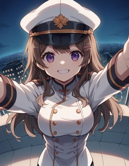 china moeka, long hair, brown hair, purple eyes, hair ornament, hat, hairclip, uniform, military, military uniform, peaked cap, naval uniform, white uniform,