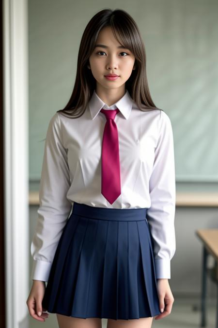 <lora:White_Blue_SchoolDress_By_Stable_Yogi:1>  school uniform, white shirt, red tie, blue pleated microskirt