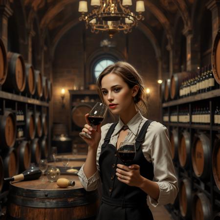 cinematic photo cinematic style, beauty, realism, photorealism, chiaroscuro, high quality, nai23face, a woman standing in a grand winery tasting room, sampling wine from a sommelier, surrounded by oak barrels and bottles displayed on elegant shelves. 35mm photograph, film, bokeh, professional, 4k, highly detailed