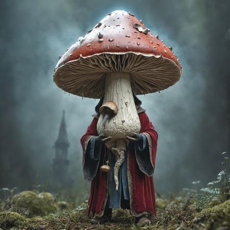 Bosstyle, highly detailed photo of  wizard wearing  robes holding and a wizard hat ( giant mushroom creature :1.4), depth of field:1.2, blurry, blurry background, realistic:1.3, photorealistic, fantasy, cinematic, 32k, best quality, <lora:XL_boss_battle:0.85>