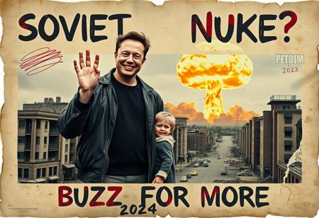 “A decayed, vintage-style poster from 2024, weathered and torn, depicting a surreal and apocalyptic scene in a contemporary setting. The faded image shows Elon Musk, dressed in modern clothes, standing with his young son. Musk holds his son’s hand with one hand while making an exaggerated ‘OK’ sign with his other hand, his wide, mad smile radiating an eerie and unsettling charm. In the far background, a massive nuclear mushroom cloud rises ominously, with fiery orange fireballs at its base and visible blast waves rippling through the urban landscape. The scene is set in a desolate, abandoned city, with ruined buildings and empty streets. The poster’s bold text, ‘SOVIET NUKE?’ across the upper section and ‘BUZZ FOR MORE’ in the lower section, is faded, smeared, and inked with scribbles and stains. The paper appears rotten, with tears, creases, and discolored edges, contributing to the haunting, post-apocalyptic atmosphere of the piece.”