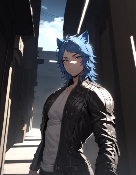 1boy, Parker Edwards, solo, looking at viewer, shirt, animal ears, blue hair, jacket, male focus, cat ears, black jacket, freckles, leather, leather jacket, furry, anthro, cat ears, animal ears , cinematic lighting, cinematic angle, dark, dark background, masterpiece, best quality , <lora:ParkerEdwardsXL:0.8>