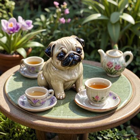 A highly detailed miniature scene featuring a cute ceramic baby pug, crafted from glossy, hand-glazed pottery with a smooth, slightly reflective texture and soft, earthy colors like cream, brown, and pastel purple. The baby pug is sitting at a tiny ceramic table, delicately holding a teacup from a matching ceramic tea set, including a teapot, cups, and saucers with subtle floral patterns. The setting is a lush botanical garden, with vibrant miniature flowers (roses, tulips, and orchids) and lush green houseplants surrounding the scene. Soft sunlight filters through the foliage, casting gentle shadows and highlighting the ceramic's glossy sheen. The style is whimsical yet realistic, with a handmade pottery aesthetic, viewed from a slightly elevated angle with a shallow depth of field to emphasize the miniature scale and intricate details.
ceramic,
8k, score_9, score_8_up, score_7_up,
masterpiece,realistic,ultra detailed, vibrant colors,photo-realistic,