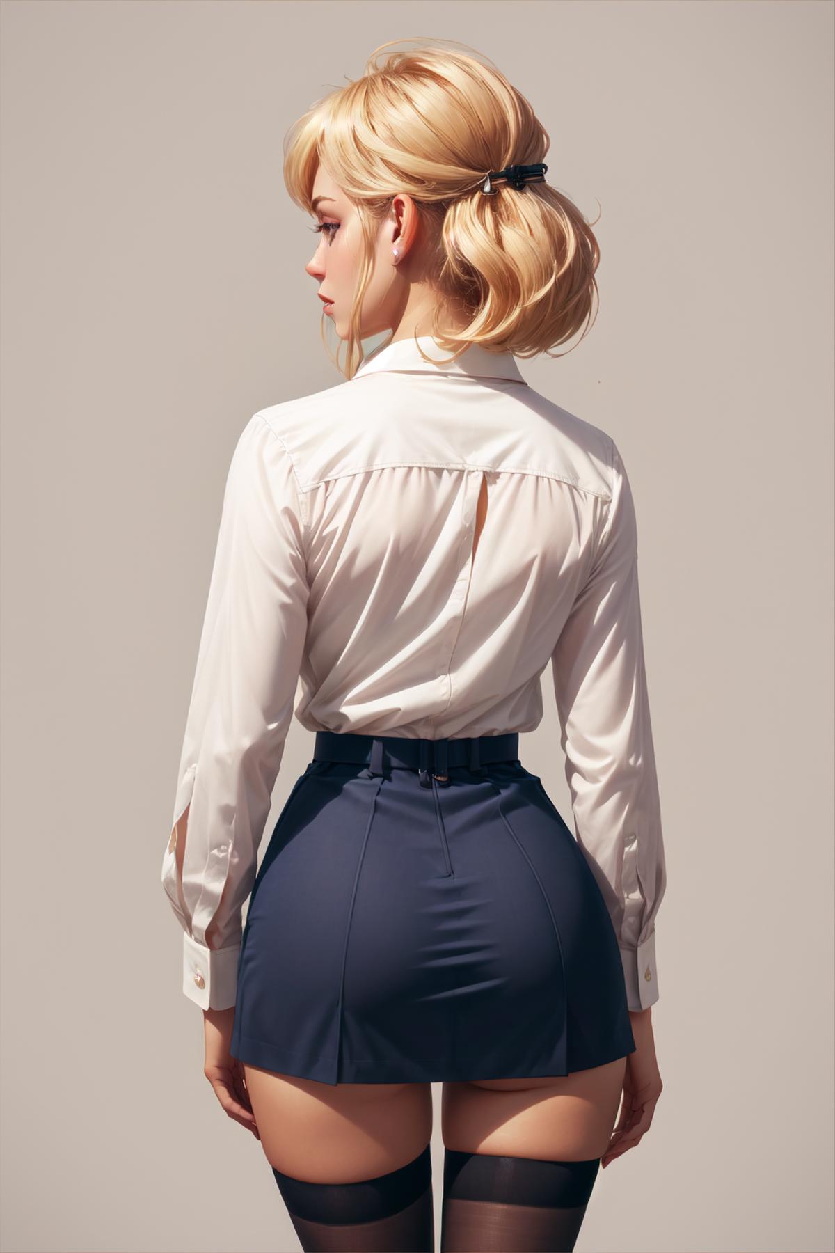 A woman wearing a white blouse and blue skirt is standing in front of a white background.
