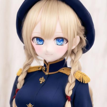 <lora:dolls:1.0>, (kukolnydom:1.0), doll, 1girl, blonde hair, blue eyes, braid, breasts, chin rest, french braid, highres, large breasts, looking at viewer, smirk, solo, st. gloriana's military uniform, upper body