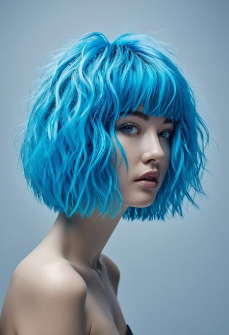 The image shows a person with their hair styled upright in a cylindrical shape. Their neon blue hair, held in place by a styling product, has a fluffy texture. The background is plain, and the person gazes at the viewer with a nervous expression.