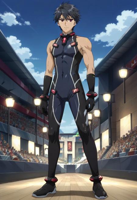 Hayato Kisaragi black hair red eyes sleeveless tight suit