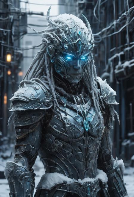 (masterpiece, sharp focus:1.2), BREAK (A frostbitten warrior on the edge of a frozen wasteland, their armor encrusted with ice and snow, depicted in a style with cold desaturated tones, high contrast, crisp frosty textures:1.1), BREAK (illuminated by the pulsating glow of neon signs, set against the backdrop of a dense urban labyrinth where wires and cables intertwine like roots:1.1), BREAK (art by Otomo Katsuhiro:1.4), (elaborately detailed attire with extraordinary elements:1.1), (hyperdetailed:1.1), (intricate details:1.0), (Refined details:1.1), (best quality:1.1), (high resolution:1.2)