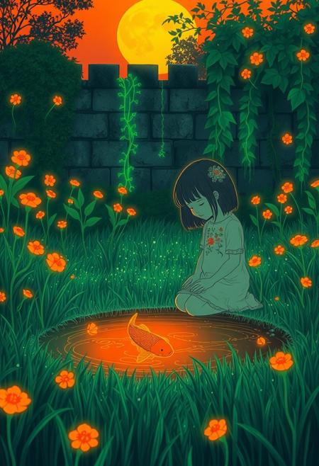 A lonely garden at dawn, with dew-covered grass shimmering in neon green under the fading warmth of a neon orange sky. A child kneels beside a pool of water, her small hands delicately folded over a glowing orange koi fish that swims just beneath the surface. Her form is drawn with serene line precision, while her clothing, embroidered with tiny, intricate botanical motifs, evokes emotional realism. The surrounding garden is lush and overgrown, but stylized—each flower and leaf carefully outlined with minimalist symmetry. A gothic stone wall in the background is overgrown with vines that pulse with green light. Despite the neon elements, the entire atmosphere feels soft, melancholic, and sacred, like a tender moment immortalized in a surreal, glowing dream. The visual tension between stylized simplicity and painterly realism creates a scene full of quiet awe and haunting serenity.