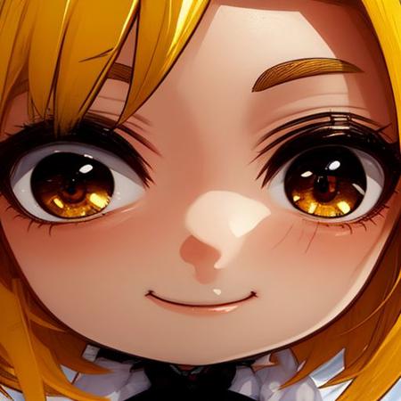 parody close up,chibi girl,from below,solo, brown eyes,closed mouth,smile,yellow hair,   <lora:parody close up:0.8>