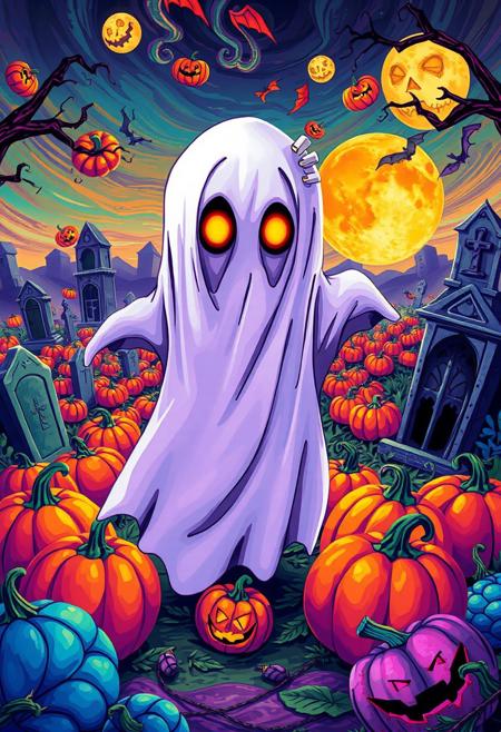 A hyper-stylized anime-style Halloween ghost, surrounded by a vibrant, pop art landscape of colorful pumpkins and twisted, surrealist graveyard scenery. The ghost, a cute, bedsheet-clad figure with a sweet, anime-style face, is distorted and elongated, with a melting, Dalí-esque quality to its edges. The pumpkins, a riot of bright, poppy colors and bold, graphic patterns, seem to float and swirl around the ghost, as if they're being blown by an invisible wind. The graveyard scenery is a twisted, surrealist dreamscape of melting headstones, distorted mausoleums, and other bizarre, nightmarish imagery. The ghost's eyes glow with a bright, shining light, adding a touch of magical, supernatural energy to the image. The overall effect is one of vibrant, eye-popping energy, as if the viewer is gazing into a kaleidoscope of colors and patterns. highest-Quality, intricate details, visually stunning, Masterpiece