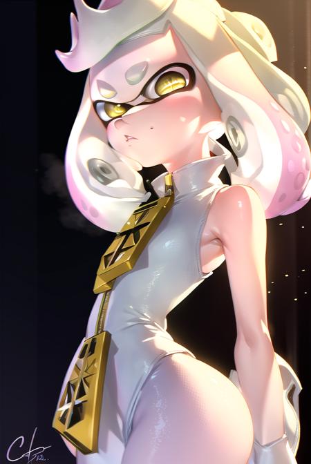 (pearl \(splatoon\):1.5), + +, short hair, (yellow eyes:1.5), pink hair, white hair, multicolored hair, pointy ears, mole, mole under mouth, two-tone hair, gradient hair, tentacle hair, thick eyebrows, dress, pantyhose, boots, sleeveless, white dress, sleeveless dress, white footwear, crown, zipper, zipper pull tab, pink pantyhose,