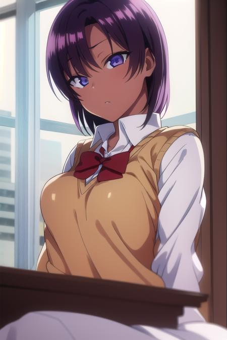 saehinata, <lyco:saehinata-lyco-nochekaiser:1>, 
sae hinata, blue eyes, purple hair, dark skin, dark-skinned female, short hair,
BREAK shirt, bow, school uniform, white shirt, collared shirt, bowtie, red bow, sweater vest, brown sweater,
BREAK looking at viewer,
BREAK indoors, classroom,
BREAK <lora:GoodHands-vanilla:1>, (masterpiece:1.2), best quality, high resolution, unity 8k wallpaper, (illustration:0.8), (beautiful detailed eyes:1.6), extremely detailed face, perfect lighting, extremely detailed CG, (perfect hands, perfect anatomy),