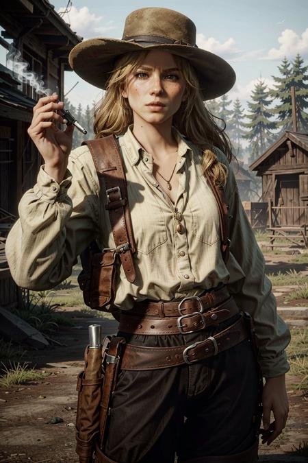 SadieRDR, solo, hat, cigarette, jewelry, holster, belt, necklace, smoking, long hair, weapon, gun, cowboy hat, blonde hair, cowboy western, dark, realistic
<lora:epi_noiseoffset2:1>,   <lora:SadieRDR:0.7>