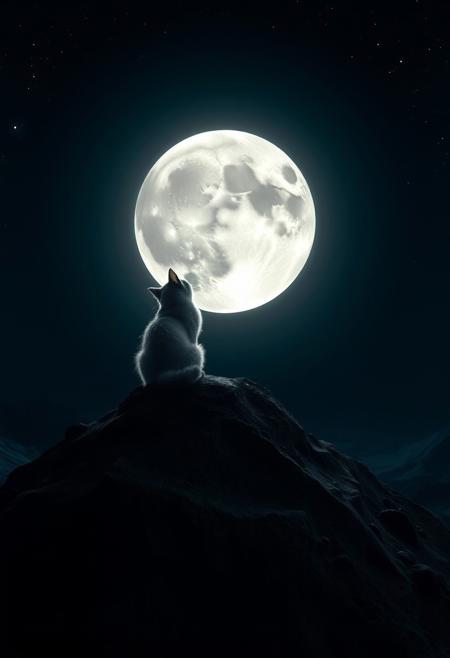 Nighttime lunar landscape featuring a whimsical, adorable cat sitting atop a craterside, illuminated by the radiant glow of the full moon hanging low in the dark sky. The cat's fur shines like stardust as it gazes up at the celestial body, its tiny paws and ears visible despite the vastness of the moonlit terrain.