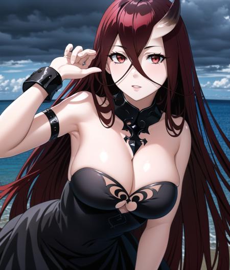 best quality, digital art, (red and black color palette:1.3), cowboy shot, (bent over, hand on own chest:1.3)
BREAK
battleship water oni, abyssal ship, 1girl, red eyes, glowing eyes, serious, white skin, colored skin, horns, single horn, crossed bangs, black hair,  very long hair, hair between eyes, bare shoulders, cleavage, black dress, large breasts, strapless dress, frilled dress, black gloves, elbow gloves, spiked bracelet, nice hands
BREAK
ocean, darkness, dark skies, dark clouds, storm clouds, cloudy sky