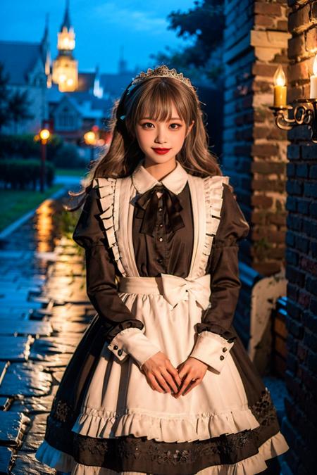 realistic, photorealistic, masterpiece, best quality, 1girl, solo, standing in castle, night, looking at viewer, smile,maid_dress, <lora:Cute Asian Face:0.7>, <lora:maid_dress_v1:0.75>