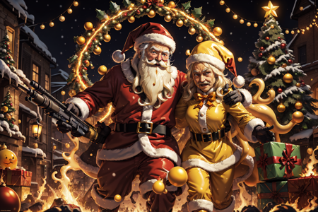 YellowSnow, yellow flames, magic, Santa on fire, slimy yellow santa, solo, gloves, 1boy, hat, standing, white hair, male focus, black gloves, belt, pants, blurry, fur trim, facial hair, santa hat, santa costume, black belt, mustache, weapon, rifle, assault rifle, holding a weapon, machine gun, fire, explosion, box, christmas, beard, gift, gift box, old, christmas tree, old man, mistletoe, holly, cheese, liquid, gooey, cheese slime, christmas theme, yellow theme, movie poster, meme, parody, horror movie poster, art by Larry Elmore and Greg Rutowski, blink and you can miss it detail, depth of field, masterpiece, <lora:YellowSnow:0.8>