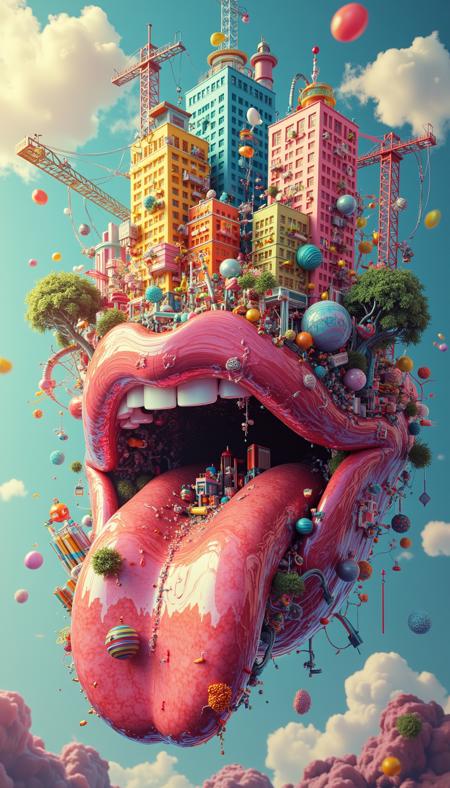 A whimsical, larger-than-life illustration of "Taste Bud City," a metropolis set on a giant tongue. Visualize different districts dedicated to the primary tastes - a sweet candy land, a savory umami financial district, a sour citrus industrial zone, a salty seaside, and a bitter health food quarter. Show taste bud buildings rising like skyscrapers, with highways of saliva carrying flavor molecules throughout the city. Include cellular citizens going about their daily lives - receptor proteins commuting to work, gustatory neurons firing off messages to the brain. Depict the city's defense systems against invading bacteria, like antiseptic mouthwash raids or the descending doom of a toothbrush. The atmosphere should be dynamic and ever-changing, reflecting the constant influx of new flavors and sensations. Use a vibrant, almost psychedelic color palette to represent the intensity and variety of taste experiences. Add quirky details like a spice trade center, bland suburbs where flavors go to retire, and an amusement park that simulates exotic and extreme tastes.