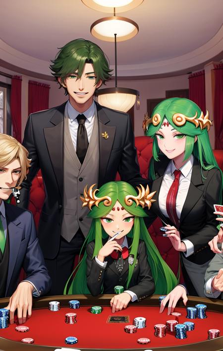 <lora:PalutenaKidIcarus1:1> best quality, dim lighting, indoors, smoky room, dark, overhead lights, group sitting around poker table, tuxedo, suit, tie, smoking cigar, palutena [kid icarus], smirking expression, playing cards