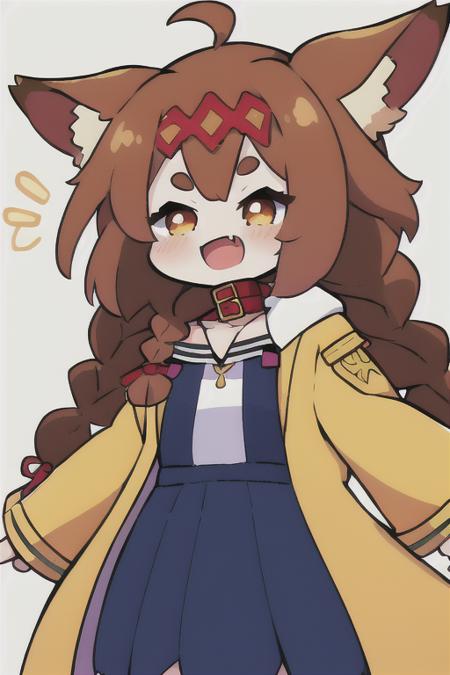 <lora:ChibifyV1:1>, chibi, (best quality, masterpiece), 1girl, animal_collar, animal_ears, blush, bone_hair_ornament, braid, brown_eyes, brown_hair, cartoon_bone, chibi, collar, dog_ears, dress, fang, hair_ornament, hair_over_shoulder, jacket, long_hair, long_sleeves, open_clothes, open_jacket, open_mouth, outstretched_arms, red_collar, short_eyebrows, simple_background, sleeves_past_fingers, sleeves_past_wrists, smile, solo, standing, thick_eyebrows, twin_braids, virtual_youtuber, white_background, white_dress, yellow_jacket, sfw