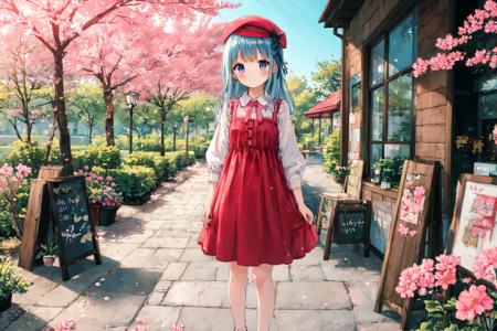 kat,<lora:kataragi-styleV1.0_e15:0.7>,(masterpiece),(illustration),(best quality:1.3),outdoor,(cherry blossom),accurate anatomy,outdoor,(very cute girl,face focus:1.4),pink beret,gothic pink dress,ruby eyes BREAK long (blue) hair,