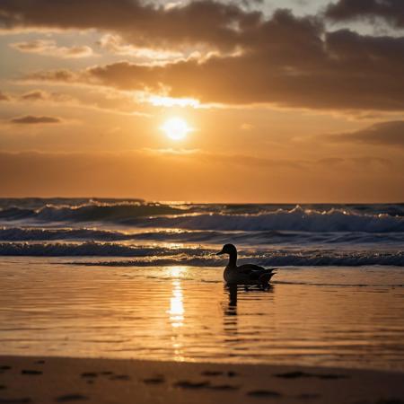 A duck engaging in prayer silhouetted against a tumultuous ocean at sunrise, feathers detailed to shimmer with the golden ratio in a UHD, photo-realistic, artistic masterpiece, highlighting the natural tranquility in chaos, golden hour lighting, ultra fine, dramatic
