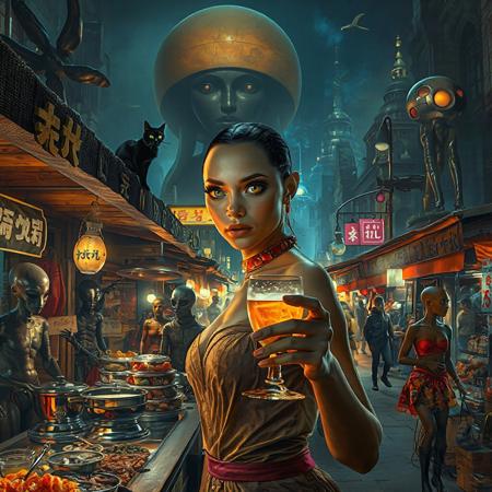 Setting is an extraterrestrial alien street market at night in a city of an extremely advanced extraterrestrial civilization, ((all writing is in an alien script)), ((all lighting is exotic and of an extremely advanced technology.,  the market is comprised of street vendors selling food, exotic technological wonders, and alien EXOTIC sexy clothing made from colorful iridescent fabrics. (((The many alien beings in view have a variety of appearances some are human-like, others are insectoid or feline or canine or reptilian, they are wearing a variety of clothing are walking through the street market shopping and eating))), A black cat with red collar sits on a nearby wooden roof at a market kiosk. Behind the a kiosk counter are containers of exotic goods, (((a beautiful woman with exotic features, 24 years old, is standing in the foreground facing the viewer with a her hand holding a jeweled goblet containing a glowing beer. Her eyes are detailed and have the luminescence of fiery beautiful jewels focused on the viewer, she has an expression of interested curiosity))), the being is dressed in exotic style clothing of a completely exotic aesthetic. Enormous metallic statues and temples are visible in the background and around the scene and smaller statues are prevalent in the market, Epic image that elicits a feeling of wonder and awe, (((many types of aliens are walking around the market))),