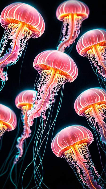 novuschroma70 style neon Jellyfish fractal, A serene group of light pink jellyfish floats gracefully in the pitch-black depths of the ocean, its delicate long tentacles trailing behind it like an intricate lace. A dramatic and unusual scene. A world of beauty. Vintage style with retro filter. Toning effects for Instagram, breathtaking photos. <lora:novuschroma70 style_:1.4>