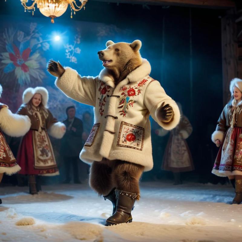 Brown bear dancing on stage with a group of people in fur coats.