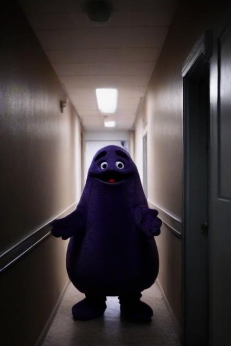 <lora:PE_Grimace:0.8> Grimace,
standing in the shadow, waving, background dark creepy corridor, abandoned building,no lights