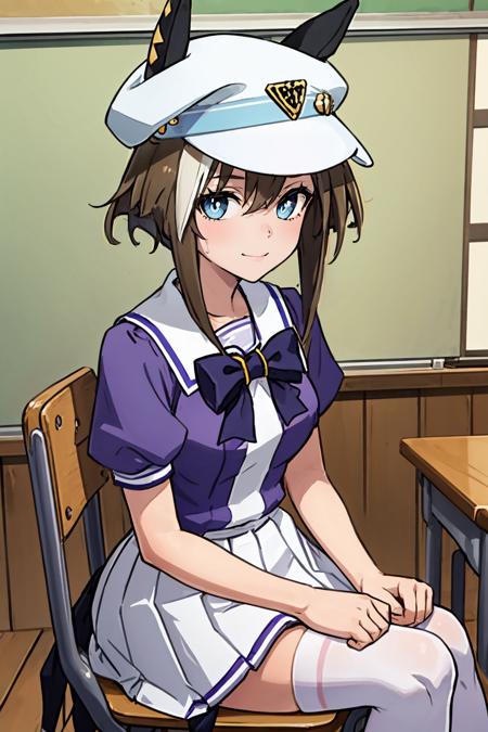 (masterpiece, best quality:1.2), solo, 1girl, chevalgrand, slight smile, looking at viewer, sitting, chair, hat, horse ears, tracen school uniform, purple shirt, puffy short sleeves, white skirt, white thighhighs, horse tail, indoors, classroom <lora:umamusume_chevalgrand-10:1>