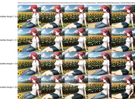 solo, Kagami Sumika, red eyes, red hair, hair intakes, ahoge, t-shirt, jeans, sitting on grass, sky, flowers, sunflower field, smile