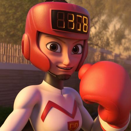 score_9, masterpiece, 1girl, Solo, female focus, cute, Kayoh_HI, light skin, big eyes, light brown eyes, dark brown hair, short curly ponytail sticking out from the top of the helmet, dark brown eyebrows, red boxing helmet with a digital scoreboard, red boxing gloves, black and white full body tight sports suit, logo on chest, white boxing boots, athletic body, tall stature, standing, cowboy shot, room background, looking at viewer, perfect eyes