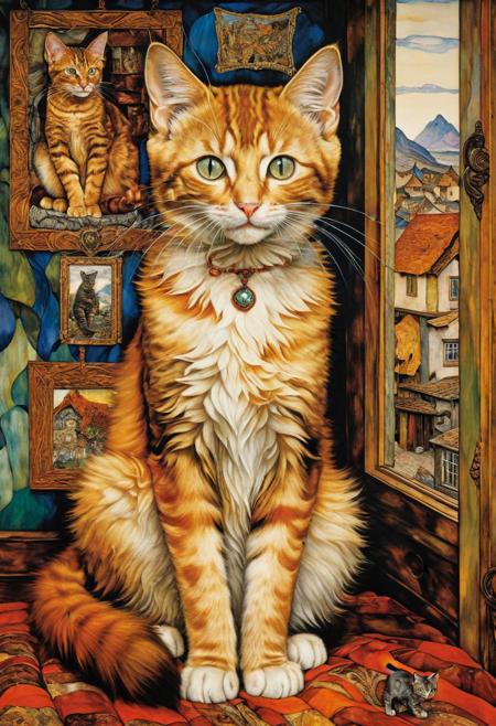 the kitten rules the house, surreal maximalist masterpiece by (egon schiele, josephine wall, hr giger)