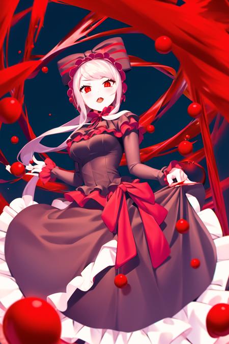 shalltear bloodfallen, casual dress, blood pool, 1girl, red eyes, solo, dress