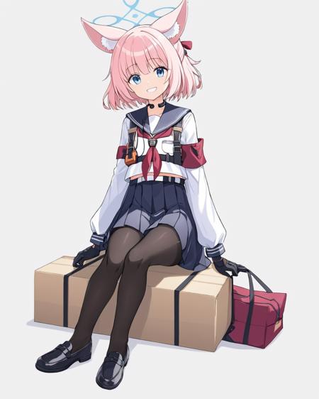 niko \(blue archive\),1girl, solo, white_background, simple_background, halo, bag, black_pantyhose, black_gloves, sitting, sailor_collar, food, fingerless_gloves, red_neckerchief, shoes, shotgun, pleated_skirt, grin, armband, long_sleeves, holding, white_serafuku, animal_ear_fluff, full_body, belt, black_footwear
<lora:niko_(blue_archive)_image432_2023-12-03:1>halo. gorgeous,key visual, vibrant, studio anime,award-winning, professional, highly detailed,high budget, cinemascope