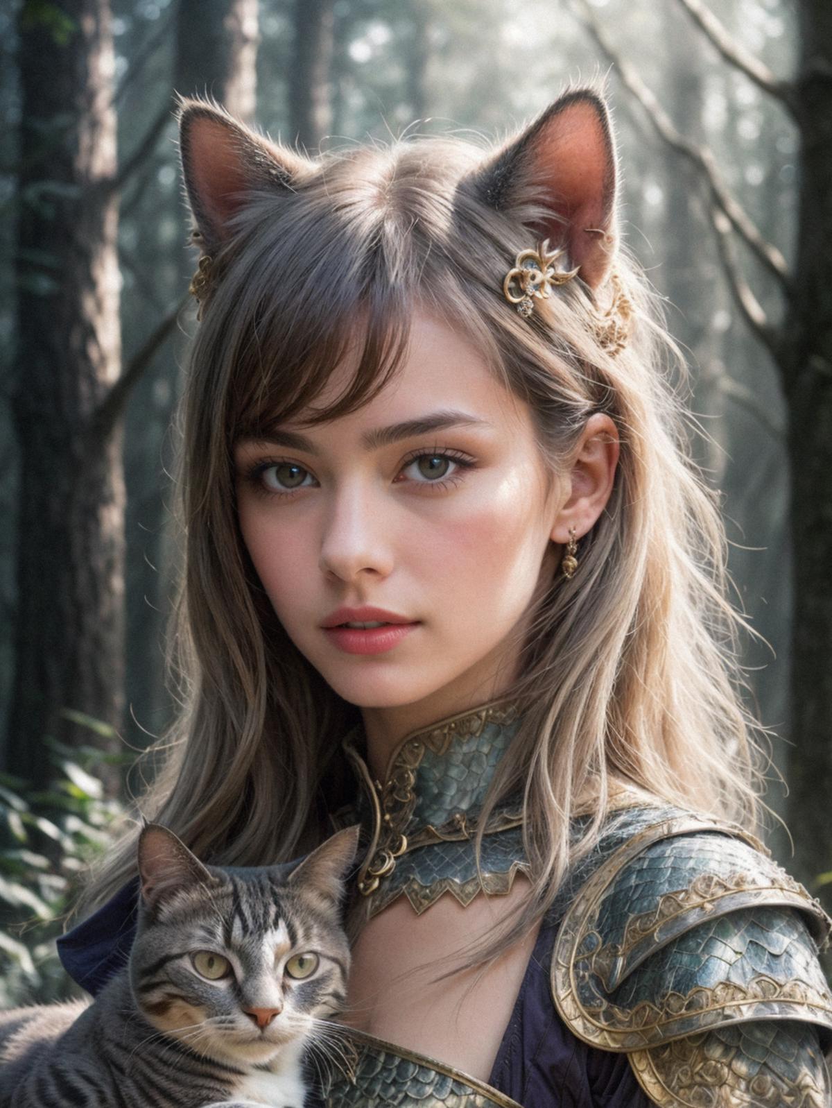 A woman in a fantasy costume holding a cat in a forest.