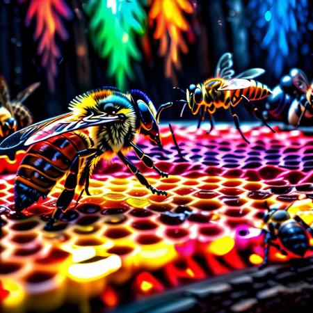 (RAW photo,  best quality),  (realistic,  photo-Realistic:1.3),  best quality,  masterpiece,  beautiful and aesthetic,  16K,  (HDR:1.4),  high contrast,  (vibrant color:1.4),  (muted colors,  dim colors,  soothing tones:0),  cinematic lighting,  ambient lighting,  sidelighting,  Exquisite details and textures,  cinematic shot,  (Bright and intense:1.2),  wide shot,  full image shot,  centralized "upper view",  around each honeycomb side other  similar contiguous unfocused,  no ONE BEE on image