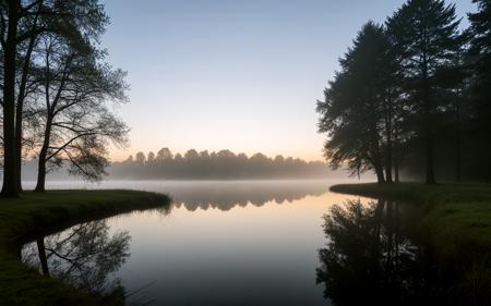 wide shot,A misty early morning in Täby, capturing the ethereal beauty of a quiet lakeside park. Soft fog hovers over the water, with silhouettes of trees emerging through the haze, creating a tranquil and mysterious atmosphere that invites reflection,, sweeping landscapes, unique perspectives, epic scale, revealing hidden beauty, showcasing vastness, immersive experience, precise compositions, expert piloting, dynamic angles, cinematic storytelling, showcasing natural wonders, aerial exploration