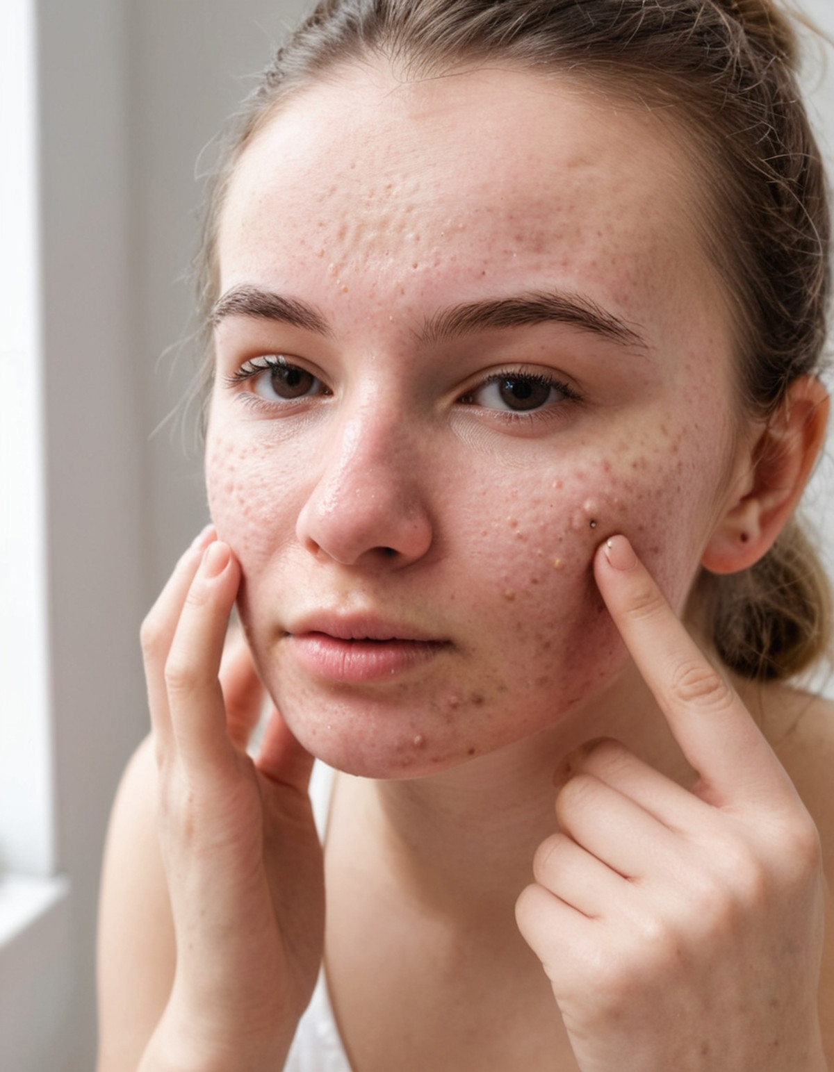 raw amateur photo of a femake person with acne checking her face, <lora:275FAB00CB:0.5> Detailed natural skin and blemishe...