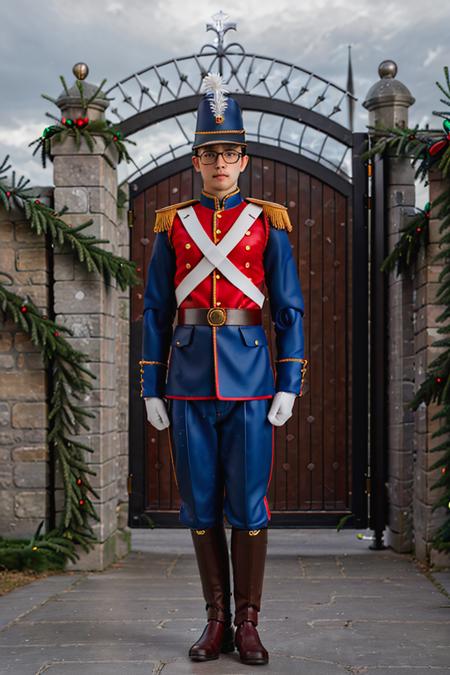 RAW photo, figma, a portrait photo of 20 y.o man wearing glasses, (wearing christmas toy soldier costume), (standing straight next to the castle gate), out door, full body, 8k uhd, high quality, film grain, Fujifilm XT3, <lora:christmas_toy_soldier_costume-02:0.6>,  <lora:figmaAnimeFigures_figma:0.9>